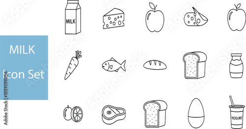 Print Minimalist Healthy Food and Dairy Line Icon Set Featuring Milk Cartons Fresh Fruits Vegetables Meat and Bread for Nutrition Tracking