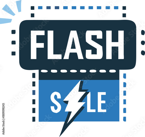 Blue flat flash sale icon with lightning and a dashed border is ready