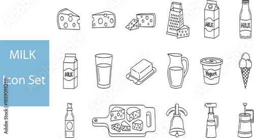 Print Hand-Drawn Style Milk and Dairy Product Line Icon Set Featuring Cheese Boards Graters Milk Bottles and Traditional Dairy Processing Tools