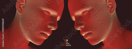 People facing each other. Digital head. Dialogue, contact, conversational exchange between two individuals. Voxel art. 3D vector illustration for a banner, poster, cover, or brochure.