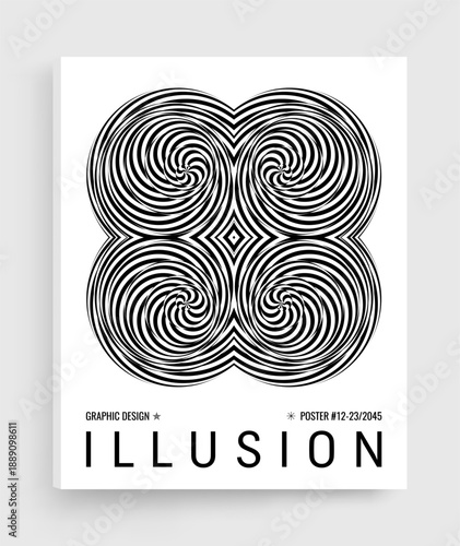 Black and white design. Optical illusion. Abstract striped form. Copy space. Hardcover book layout. Cover design template. Vector illustration for brochure, planner, diary, notebook or notepad.
