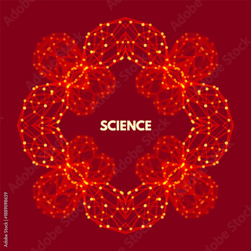 Scientific illustration. Complex nano model. Visualization of chemical and other bonds. 3d wireframe object. Grid. Connection structure. Vector for brochure, poster, cover or presentation.