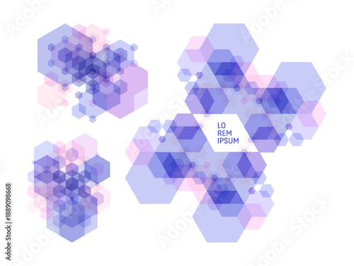 Abstract geometric background. Translucent pattern of overlapping geometric shapes. Transparent colored hexagons. Copy space. Template for poster, flyer, banner, card or cover. Vector illustration.