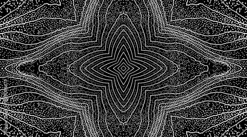 Small white particles on a black background. Black and white. Grid. Dynamic effect. Cover design template. Illustration for brochure, poster, card, flyer or banner.