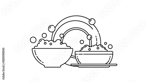 Outlined bowls and plates with soap bubbles representing the daily household chore of dishwashing and kitchen cleaning.