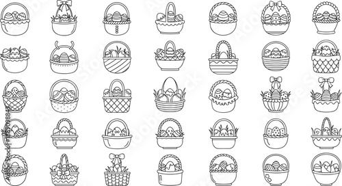 Easter baskets filled with decorated eggs in various styles