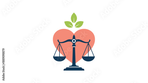 Scales of justice in front of a red heart and green leaves representing the combination of social justice and environmental ethics.