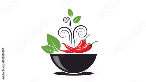 Creative spicy food illustration featuring red chili peppers and green leaves inside a dark bowl with decorative steam swirls.