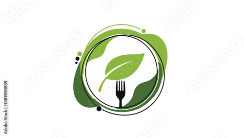 Stylized healthy food emblem featuring a green leaf and black fork inside a circular frame with organic shapes.