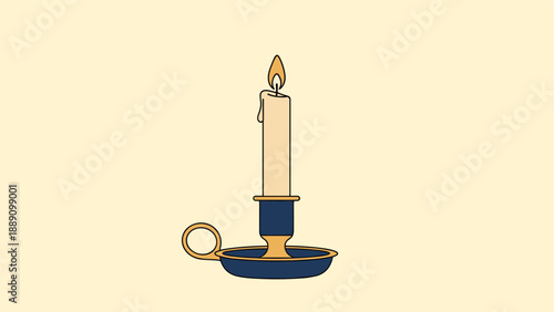 Traditional lit candle sits in dark blue metal holder with ring handle casting soft glow on simple beige background.