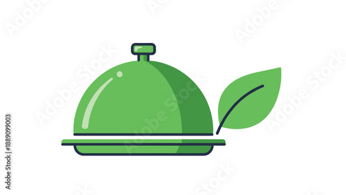 Eco friendly catering and organic food service icon shows green metal serving cloche with leaf on plain background.