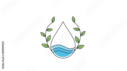 Water conservation and purity icon features clear blue liquid drop framed by two green leafy branches for eco theme.