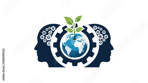 Ecological mindset and environmental awareness concept shows human silhouettes with gear and planet earth growing sprout.