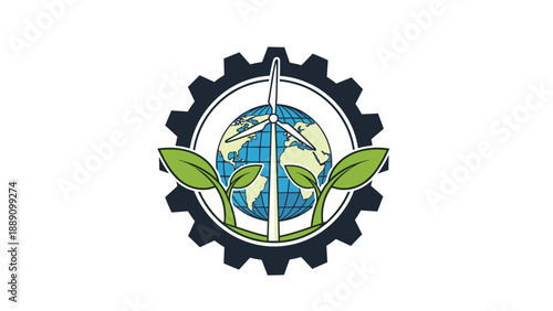 Renewable green energy production concept displays wind turbine on earth globe inside industrial gear with leafy sprouts.