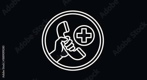A white outline depicting a hand holding a telephone receiver within a circular medical symbol