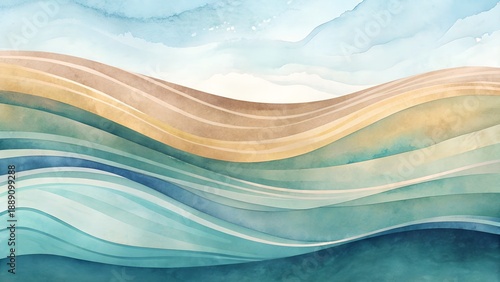Abstract Watercolor Landscape With Wavy Layers Of Blue Green And Tan Colors And Textured Surface