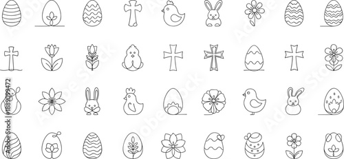 Easter icons set with eggs, bunnies, and flowers for spring