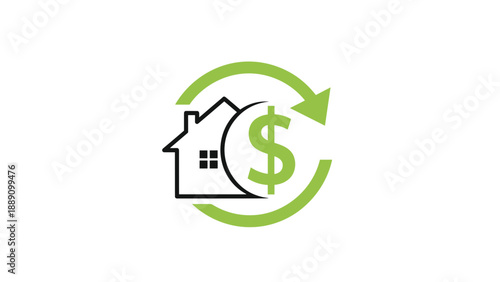 Green house icon with a dollar sign inside circular arrows representing real estate investment cycle and home mortgage financing.