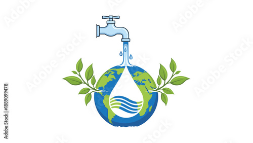 Faucet dripping water into a drop on the earth globe with green leaves to emphasize the importance of global water conservation.