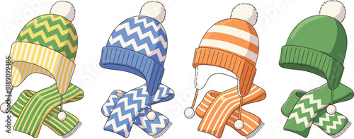 Winter knit hat and scarf illustration set featuring colorful warm accessories with pom poms, striped patterns, and cozy seasonal fashion in flat vector style