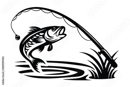 Leaping fish on the water is caught by fishing rod in grass