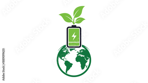 Battery icon with a lightning bolt on top of the world globe with leaves representing the future of global renewable energy sources.