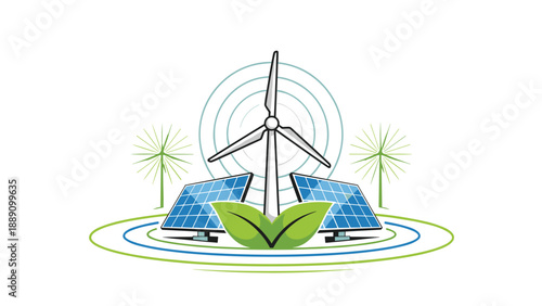 Solar panels wind turbines and green leaves arranged in a circular pattern symbolizing the shift towards sustainable green energy.