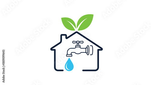 Outlined house with a dripping faucet and green leaves on top to promote the concept of domestic water conservation and ecology.