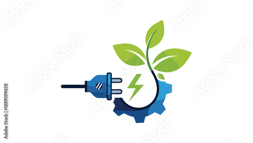 Power plug with a lightning bolt and green leaves inside a gear mechanism representing the engineering of sustainable electricity.