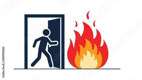 Person silhouette running out of an open door away from fire representing emergency exit procedures and fire safety awareness.