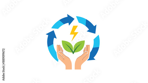 Human hands holding a lightning bolt and green leaves within a circular arrow representing the care for renewable energy resources.