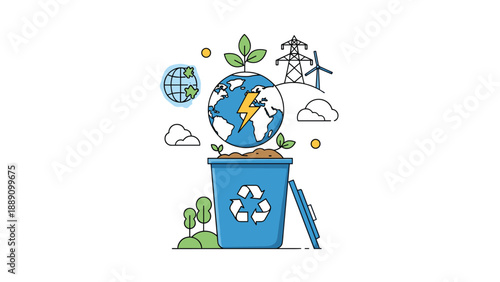 Recycling bin icon containing the earth globe and renewable energy symbols representing global efforts for waste reduction.