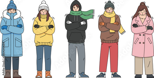 People wearing winter clothes illustration set showing cold weather outfits, coats, scarves, hats, and seasonal fashion in flat vector style