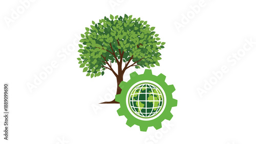 Large green tree next to a gear containing the earth globe representing the intersection of environmental protection and industry.