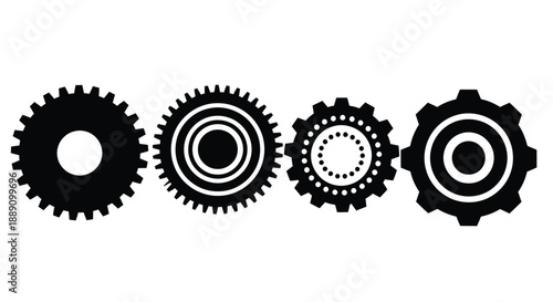 A linear arrangement of four distinct black gear icons showcasing varying internal details and designs