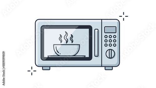 Microwave oven appliance with a bowl of hot steaming soup inside representing modern kitchen technology and quick meal preparation.