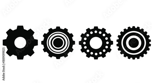A simple illustration showcases four distinct black gear icons arranged horizontally in a clean minimalist style