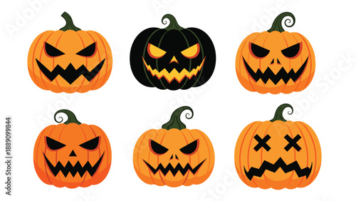 Collection of six orange and black jack o lanterns with different scary expressions for halloween holiday season decorations.