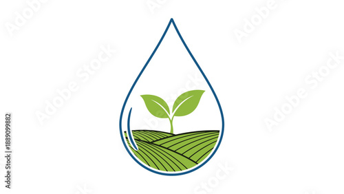Water drop containing a green field and a sprout representing the role of water in agriculture and the growth of food crops.