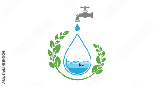 Faucet dripping into a water drop with a measurement scale and leaves representing the monitoring of water efficiency.