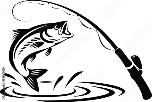 A black leaping fish seeks the bait attached to the fishing rod over water