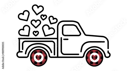 Sweet black and white outline of a pickup truck overflowing with red and black hearts
