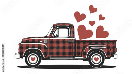 Rustic plaid pickup truck carrying a load of vibrant red hearts for a charming romantic delivery