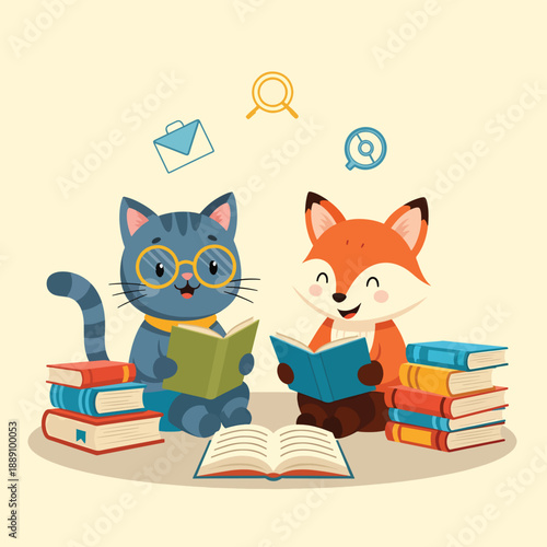 Cat and Fox Reading Together