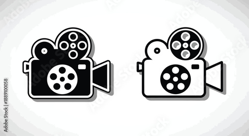 Two black and white film reel camera icons are displayed side by side representing cinema and video
