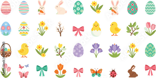 Vibrant Easter icons with eggs bunnies flowers and springtime elements