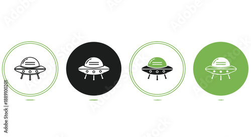 A collection of four different styled ufo icons in varying colors and outlines is displayed