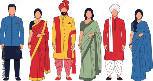 Indian traditional clothing illustration set showing men and women wearing ethnic outfits, saree, kurta, sherwani, and cultural costumes in flat vector style