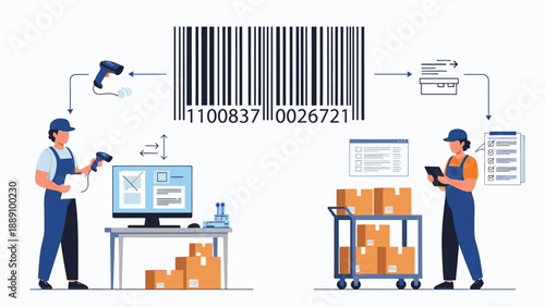 Illustration of two warehouse workers using scanners and a computer to manage inventory with boxes and barcodes.