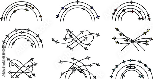 The image features a collection of nine diagrams arranged in a 3x3 grid, each showcasing unique patterns of curved lines and arrows